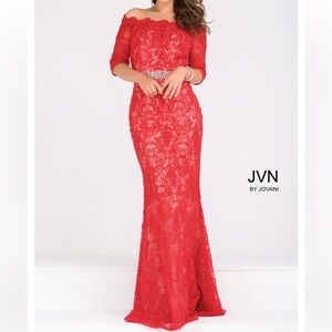 JVN by Jovani Red Off The Shoulder Neck Gown with Cuffed Sleeves 6 New